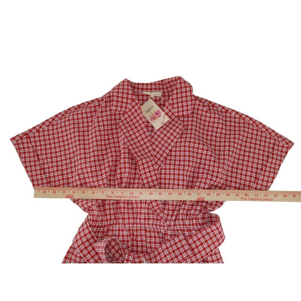Entro Womens Romper Red Short Sleeve Surplice V-NECK Plaid Belted Woven S NWT - Picture 11 of 14